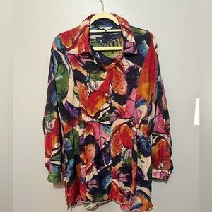 John*Mark Abstract Floral Tunic Blouse Button-Up Tab Sleeves Beautiful EUC